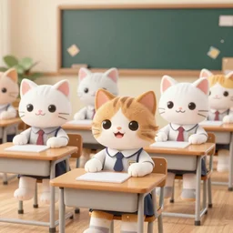 anthropomorphic cute kittens wearing school uniforms sitting at their desks on the first day of kindergarten, medium shot