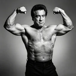 a photoshoot of an extremely buff danny devito flexing his muscles, dramatic, studio lighting, black and white