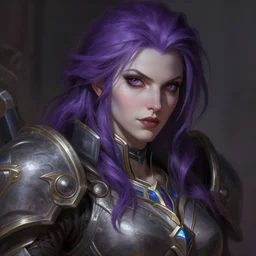 alexey gurylev, close up portrait, pale woman in power armor with purple hair, mysterious, deep focus, d & d, fantasy, complex, elegant, highly detailed, digital painting, artstation, concept art, matte, clear focus, illustration, hearthstone, artgerm art, greg rutkovsky and alphonse mucha