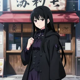 1 7 - year - old anime goth girl, black hair, long bob cut, long bangs, gothic coat, holding, shibuya, blue sunshine, in front of ramen shop, strong lighting, strong shadows, vivid hues, raytracing, sharp details, subsurface scattering, intricate details, hd anime, very - high - budget anime movie, 2 0 2 1 anime