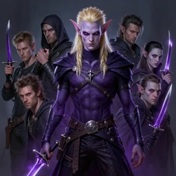 male rogue changeling with glowing purples daggers, blond hair | | realistic shaded, fine details, realistic shaded lighting painting by greg rutkowski, diego gisbert llorens, magali villeneuve, artgerm, jeremy lipkin, michael garmash, rob rey