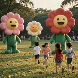 1990s candid photo of a beautiful day at the park, cinematic lighting, cinematic look, golden hour, large personified costumed flower people in the background, Enormous flower people mascots with friendly faces chasing kids, kids talking to flower people that are kinda scary, UHD
