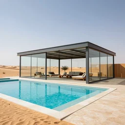 a modern desert elevated glass pavilion with a pool designed by calatrava, by snohetta, by james turrell