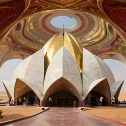 interior of a futuristic art nouveau lotus temple with gold, red and white marble panels, in the desert, by buckminster fuller and syd mead, intricate contemporary architecture, photo journalism, photography, cinematic, national geographic photoshoot