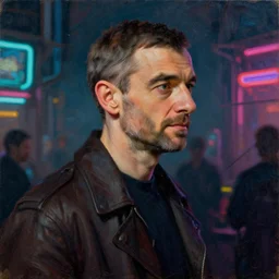 young mr bean profile shot, hyperrealistic, subject in center of frame, neonpunk, oil on wood portrait by kim jung gi and rembrandt and leonardo da vinci and jan van eyck, artstation, deviantart, rule of thirds