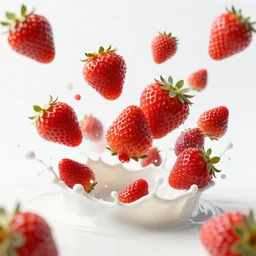 many strawberries, white milk splashes, advertising photo, highspeed photo, studio lighting