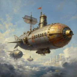 a painting of a large steampunk airship fighting another airship in the sky, by charlie bowater, 4 k