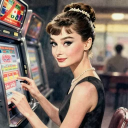 cyberpunk audrey hepburn looking at slot machine, intricate watercolor portrait by greg rutkowski, trending on pixiv