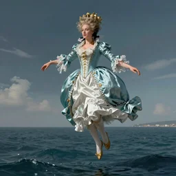Marie Antoinette levitating over the sea. high detail, great lighting, 8k resolution, masterpiece, concept art, illustration