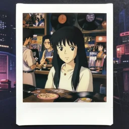 a film still polaroid portrait of a 1 9 6 0's disney girl working at a vinyl stall, finely detailed features, closeup at the faces, perfect art, busy cyberpunk city, gapmoe yandere grimdark, trending on pixiv fanbox, painted by ilya kushinov makoto shinkai takashi takeuchi studio ghibli, akihiko yoshida, pixar