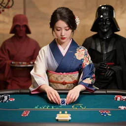 hyperrealism composition of the detailed woman in a japanese kimono sitting at an extremely detailed poker table with darth vader and stormtrooper, fireworks on the background, pop - art style, jacky tsai style, andy warhol style, acrylic on canvas