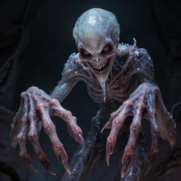 creepy pale moster with incredibly long fingers, very long arms, scary smile, translucent slimy skin, wet, veiny, dramatic lighting, highly stylized, trending on artstation