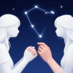 zodiac gemini constellation of white two girls in the starry sky, two hands, masterpiece epic retrowave art, trending on art station