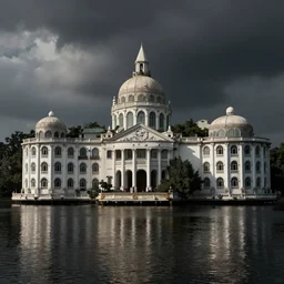 neoclassical building with dome in the middle lake, octane render, unreal engine, artstation trending, horror scene, highly detailded