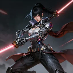 cool cyberpunk cyborg samurai girl, battle pose, laser swords, beautiful, detailed portrait, intricate complexity, concept art by krenz cushart, kyoto animation, wlop. 4 k, beautiful, cinematic dramatic atmosphere, sharp focus, perfect lightning