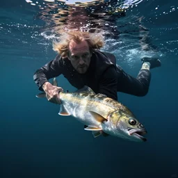 mark e smith swimming underwater, about to catch a big fish