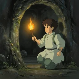 a man holds a torch and explores a Dungeon, luminous, studio ghibli