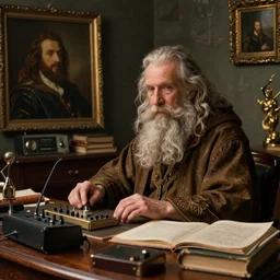 A bearded wizard uses radio equipment at a desk cluttered with tomes, oil painting by Rembrandt
