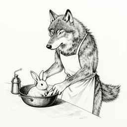 wolf in an apron, cooking a rabbit. black ink on paper, comedy, by famous illustrator