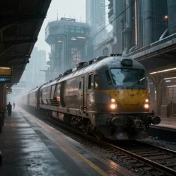 Immense industrial futuristic cargo train arrives at cyber punk city station, cinematic lighting,