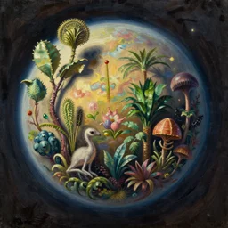 a beautiful alien planet with plants and animals. Oil painting in the style of Bob Ross.