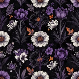 flowers complexe diagonal design, gothic aesthetic, black purple white orange, tim burton artstyle seamless pattern