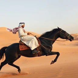 a desert concept art with one arab rider wearing a white and red arab keffiyeh riding one black horse running from left to right wide shot, cinematic, ultra real, 4 k, highly detail