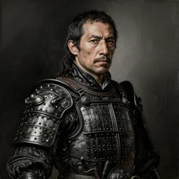 engraving portrait of danny trejo in black samurai armoury, by albrecht durer,
