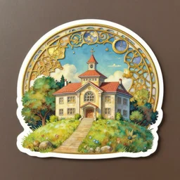 school on a hill, cute sticker decal design by victo ngai, highly detailed, high quality, digital painting, by ross tran and studio ghibli and alphonse mucha, artgerm