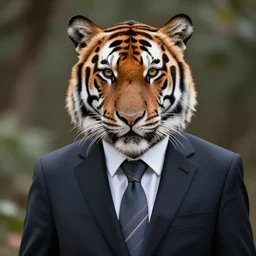 high quality presentation photo of a tiger dressed in a dark suit and tie, photography 4k, f1.8 anamorphic, bokeh, 4k, 85mm lens
