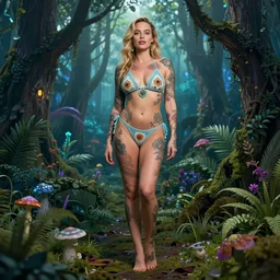 tattooed margot robbie portrait posing in a magical crochet bikini in a magical forest, full body, fantasy art, in the style of greg rutkowski, illustration, epic, fantasy, intricate, hyper detailed, artstation, concept art, smooth, sharp focus, ray tracing, vibrant, photorealistic