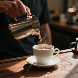 barista pours hot hand-made coffee into a cup hario
