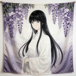 priestess of the wisteria hills. embroidered tapestry by the award - winning mangaka, bloom, chiaroscuro, backlighting, depth of field.