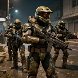 A photo of ODST soldiers in New Mombasa streets from Halo 3 ODST at night, 8k, realistic details