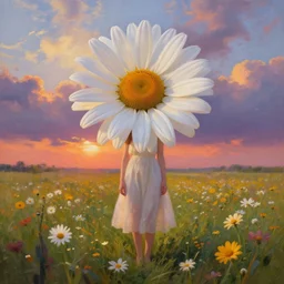giant daisy flower as head, full body, girl standing in a flower field, surreal photography, sunrise dramatic light, impressionist painting, colorful clouds, digital painting, artstation, simon stalenhag, flower face