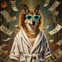 portrait, anthropomorphic dingo, striped bathrobe, curly hair, electric sunglasses, surrounded by floating autumn dollar bills, fantasy, detailed, intricate, luminescent, elegant, coherent, by mandy jurgens, hannah yata and kay sage, donato giancola, detailed, artstation, cinematic lighting, artdeco, art deco outrun aesthetic