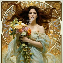 closeup portrait of a beautiful mysterious indian woman wearing flowing gown, holding a bouquet of flowers, flowing hair, underwater, bubbles from the mouth, fantasy, regal, intricate, art nouveau, swirly intricate linework background by stanley artgerm lau, greg rutkowski, thomas kinkade, alphonse mucha, loish, norman rockwell