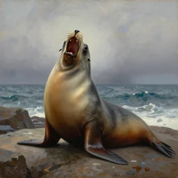 crazy screaming sea lion, upset a lot being woken up, oil painting by louis wain, high resolution