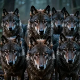 cinematic shot a pack of werewolves from an 8 0 s horror movie, hyper realistic, mood lighting, fantasy, detailed face, highly detailed, super realistic, perfect lighting