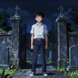 a shonen illustration titled in front of the cemetery gates, moody, sharp, night, exquisite, vibrant colors, symmetrical, masterpiece, cinematic, high detail, by karl kopinski