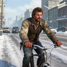 arthur from rdr 2 high detailed face driving bike background russia in 2 0 2 0 at russia, tolyatti sportivnaia street 7, cars, snow, buildings photorealism