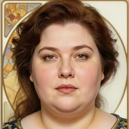 hyper-realistic detailed face portrait of attractive chubby mature woman by Alphonse Mucha, Ayami Kojima, Amano, Charlie Bowater, Karol Bak, Greg Hildebrandt, Jean Delville, and Mark Brooks, Art Nouveau, Neo-Gothic, gothic, rich deep moody colors