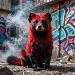 photo ( far _ shot ), subject [ furry _ fandom _ fursona ( red - and - black, weasel - ferret - stoat ) ], graffiti _ background ( smoke ), medium [ graffiti ( spray - paint ), favela - wall ]