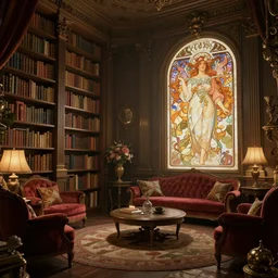 library in the style of baroque, unreal engine, in the style of greg rutkowski and alphonse mucha, global illumination, detailed and intricate environment, mysterious, comfort, in the style of aetherpunk