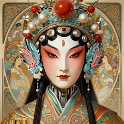 portrait of a machine from horizon zero dawn, machine face, upper half portrait, decorated with chinese opera motifs, asian, bian lian, traditional chinese art, intricate, elegant, highly detailed, digital painting, artstation, concept art, smooth, sharp focus, illustration, art by artgerm and greg rutkowski and alphonse mucha, 8 k