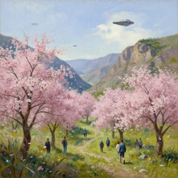 a valley with trees in flower. wind blowing petals. noon. spaceships flying in the sky. full - length, oil painting in a modern style, very detailed, painted by caravaggio, greg rutkowski, sachin teng, thomas kindkade, enki bilal, tony sandoval, norman rockwell, tom bagshaw.