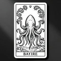a beautiful black and white fractal tarot card featuring bold occult imagery with clean lines. ocean fish cthulhu. detailed adult coloring book