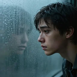 young person looking through water wall, with clear glass, melancholic, sad, lots of raindrops, detailed, cinematic, dramatic lighting, by lucian freud