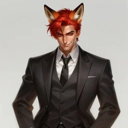 a highly detailed illustration of fox eared attractive man clean shaven with red hair wearing suit, dramatic smirk pose, intricate, elegant, highly detailed, centered, digital painting, artstation, concept art, smooth, sharp focus, league of legends concept art, wlop.