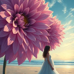 closeup huge dahlia flower head, girl with dress on beach, surreal photography, blue sky, sunrise, dramatic light, impressionist painting, digital painting, artstation, simon stalenhag